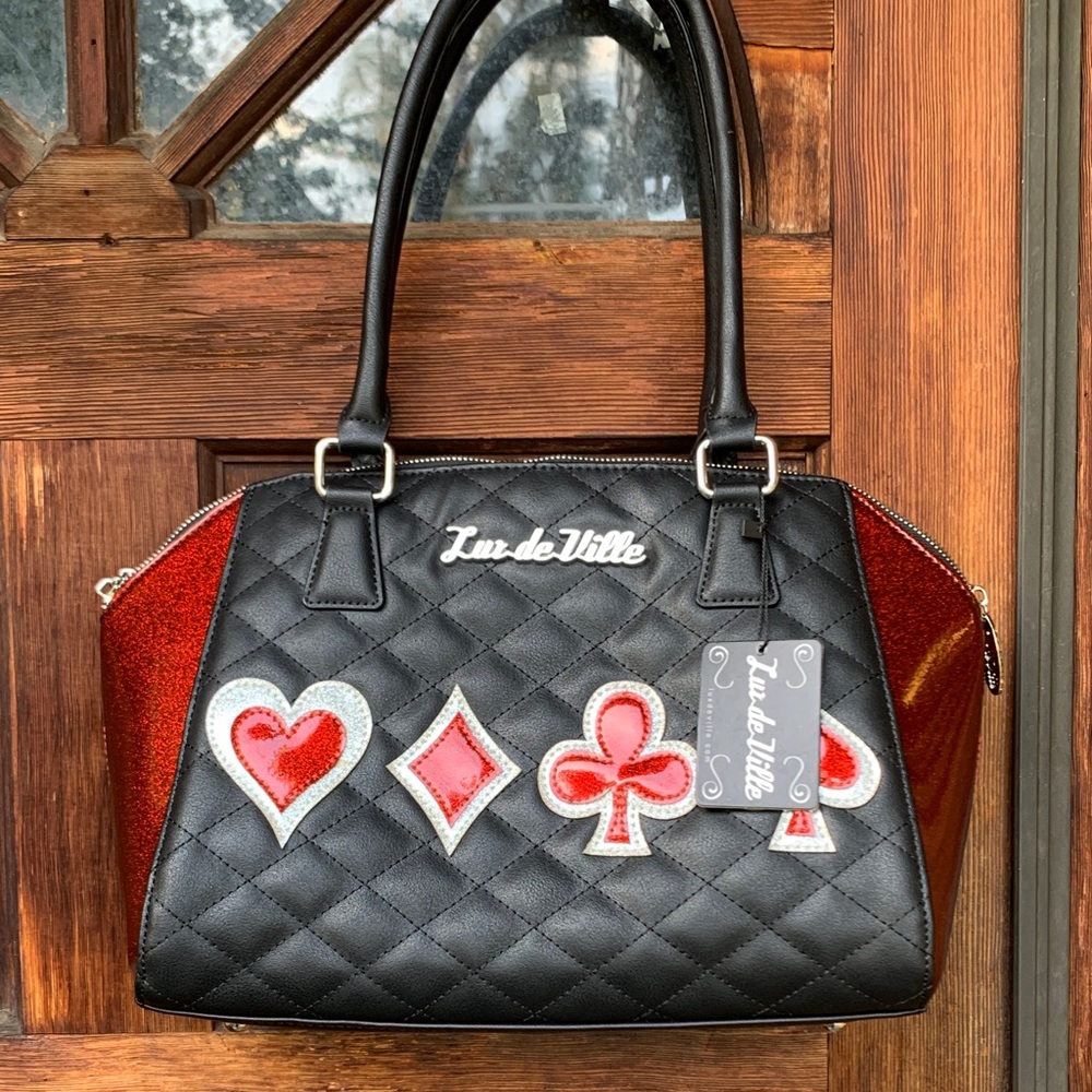 Lux de Ville Black Quilted Satchel with Red Glitter Side Panels